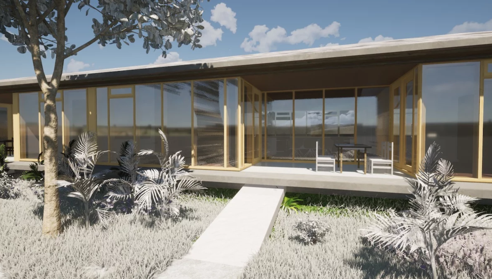 Hütte mit Versickerungsmulde im Vordergrund